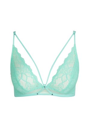Mint green lace bralette featuring a plunging neckline, adjustable straps, and a decorative center hardware detail. Soft floral pattern throughout.