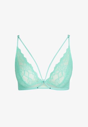 Bralette en dentelle vert menthe avec un décolleté plongeant, des bretelles réglables et un détail décoratif au centre. Motif floral doux sur l'ensemble.