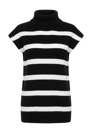 Maglione senza maniche a righe orizzontali bianche e nere con collo alto a dolcevita su sfondo bianco.