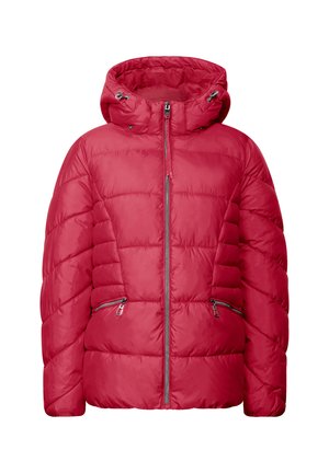 Punainen puffatakki hupulla, jossa on viisto tikkaus, kaksi vetoketjullista sivutaskua ja etupuolen vetoketjusulku.