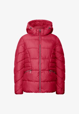 Rote Pufferjacke mit Kapuze, diagonal gesteppt, zwei mit Reißverschluss verschlossene Seitentaschen und einem Fronreißverschluss.
