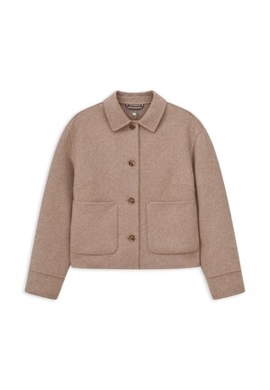 Brown wool blend jacket with a classic collar, four front buttons, long sleeves, and two large front patch pockets.