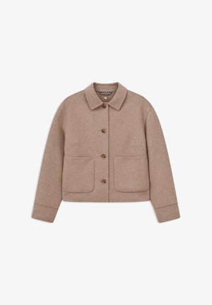 Brown wool blend jacket with a classic collar, four front buttons, long sleeves, and two large front patch pockets.