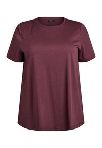 Burgundijas krāsas īsām piedurknēm t-krekls, izgatavots no gludas auduma, ar apaļu kakla izgriezumu un brīvu piegriezumu, ar vienkāršiem šuvumiem un bez redzamām rakstzīmēm.