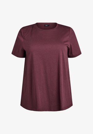 T-shirt borgogna a maniche corte realizzata in tessuto liscio con scollatura rotonda e vestibilità comoda, caratterizzata da cuciture semplici e senza motivi visibili.