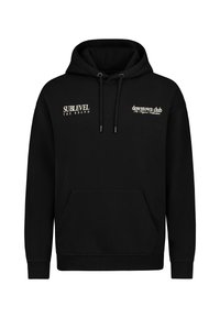 Schwarzer Hoodie mit vorderer Kängurutasche, verstellbare Kapuze und Druck in weißen und goldenen Buchstaben: "SUBLEVEL" und "downtown club."