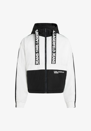 Schwarz-weiße, taillierte Jacke mit Reißverschluss vorne, Kapuze und kontrastierenden Seitenpaneelen. Verfügt über logoed Zugbänder und elastische Bündchen.