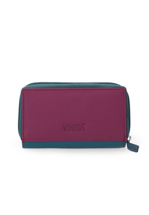 Zippered pencil case in burgundy and blue, featuring a smooth textured material, with branding embossed on the front panel and contrast stitching.