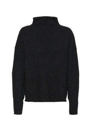Sort sweater med høj krave, droppede skuldre, ribbede manchetter og en blød, tekstureret overflade. Enkel, boksformet silhuet uden mønstre.