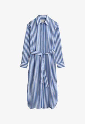Kék és fehér csíkos pamut ingruha, galléros nyakkal, gombos elülső résszel, övvel hangsúlyozott derékkal és hosszú ujjal, mandzsettával.