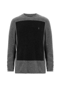 Grijze pullover trui met een zwart gestructureerd rechthoekig paneel aan de voorkant. Voorzien van een ronde halslijn en lange mouwen.