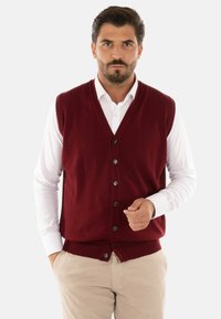Gilet a maglia bordeaux con scollatura a V, chiusura a bottoni e orlo a coste. Abbinato a una camicia bianca con colletto e pantaloni beige.