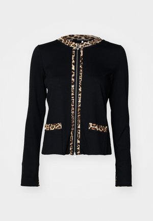 Black long-sleeve jacket with leopard print accents on the collar and pockets, featuring a front zipper closure and a fitted design.