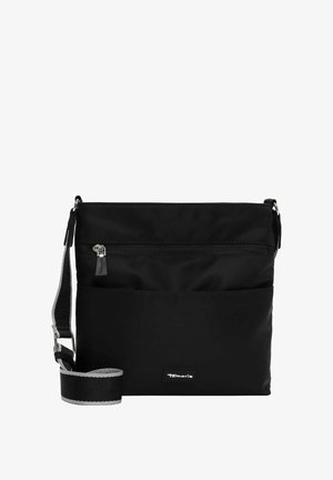 Zwarte stoffen schoudertas met een ritsvak aan de voorkant, een verstelbare band en een logo-label. Compakte vorm en zachte textuur.