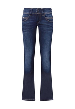 Tummansiniset bootcut-farkut, joissa on etutaskut, kaksoisnappikiinnitys ja lievä haalistuma reisissä ja polvissa.