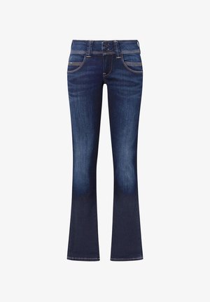 Vaqueros bootcut azul oscuro con bolsillos delanteros, cierre de doble botón y ligero desvanecimiento en los muslos y las rodillas.
