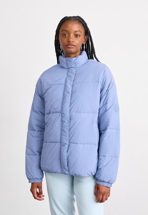 Light blue puffer jacket with a high collar, horizontal stitch patterns, and elastic cuffs. Smooth texture and relaxed fit design.