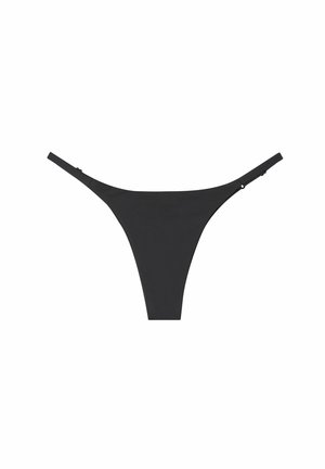 Svart stringtrosor med tunna sidostrapor, sömlös design och ett mjukt, stretchigt tyg för komfort. Minimalistisk stil utan mönster eller detaljer.