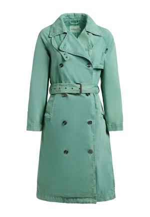 Menta zöld, dupla soros ballonkabát széles hajtókákkal, öves derékrésszel, hosszú ujjakkal és oldalzsebekkel.