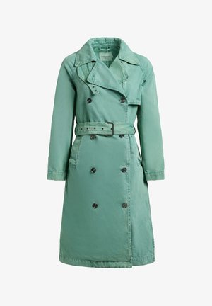 Menta zöld, dupla soros ballonkabát széles hajtókákkal, öves derékrésszel, hosszú ujjakkal és oldalzsebekkel.