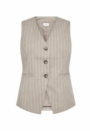 Bézs színű, ujjatlan mellény függőleges fehér tűcsíkokkal, V-nyakú, három barna gombbal, két elülső hasítékzsebbel és enyhén ívelt szegéllyel.