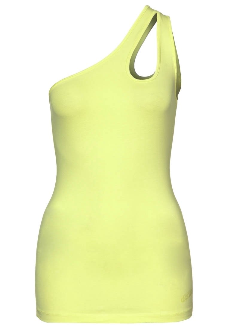 Yksi olkaimeton toppi kirkkaankeltaisena, valmistettu elastisesta kankaasta. Sarjassa on leikattu muoto olkaimessa ja istuva siluetti.