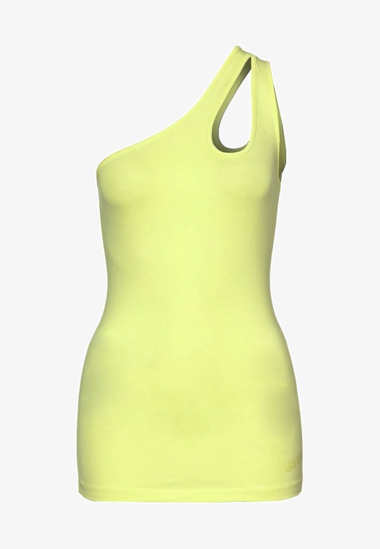 Top na jedno rameno v jasně žluté barvě, vyrobený z elastického materiálu. Má výřez na rameni a přiléhavý střih.