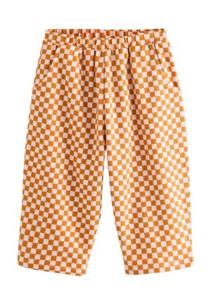 Kurze Hose mit orange-weißem Karomuster, elastischem Bund, zwei Seitentaschen und weichem Material.