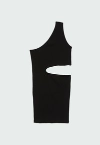 Robe mini noire à une épaule avec une découpe au niveau du ventre sur le côté droit, posée à plat sur un fond gris clair.