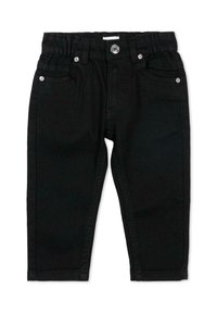 Pantalon en denim noir avec une taille élastique, un design cinq poches et des accessoires en ton argenté. Texture lisse avec des coutures cousues.