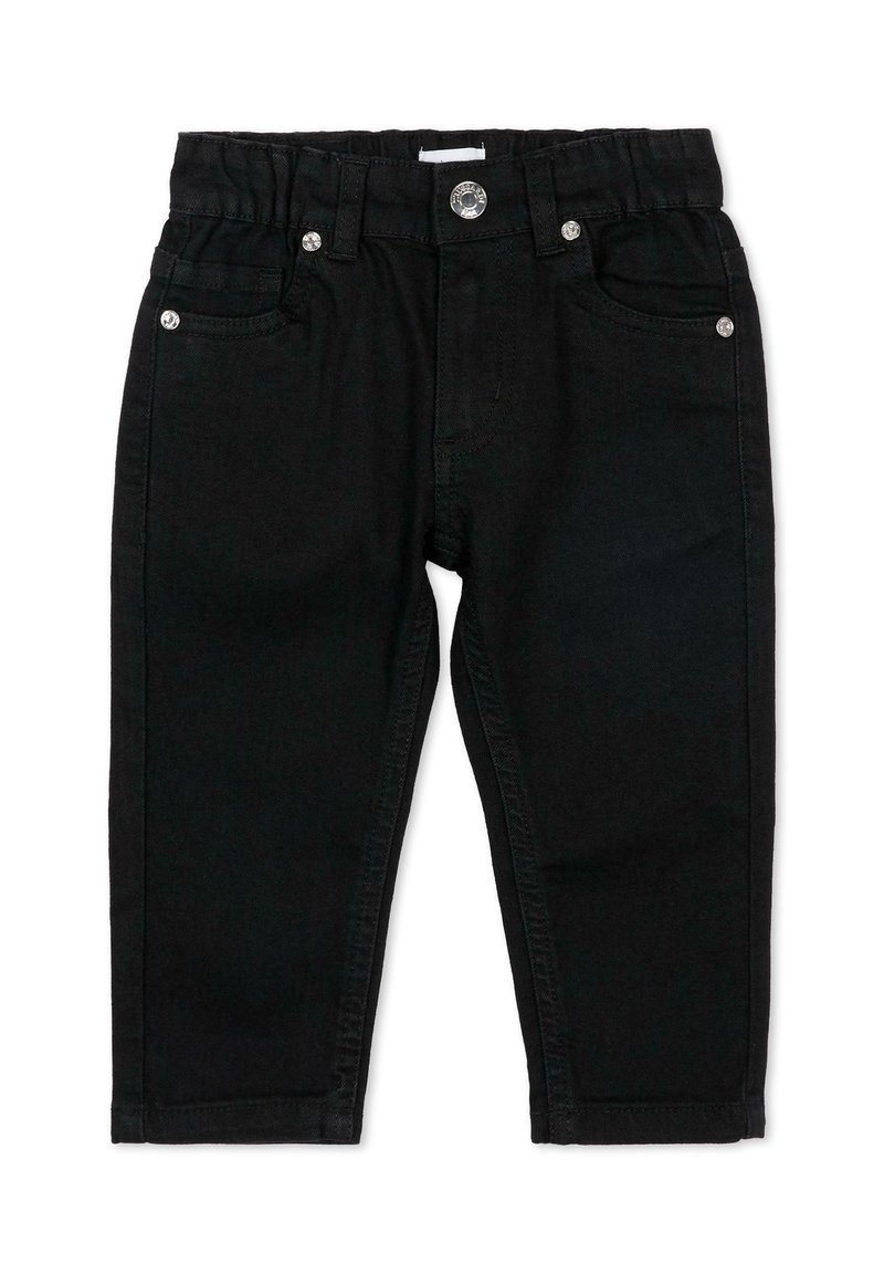 Pantalon en denim noir avec une taille élastique, un design cinq poches et des accessoires en ton argenté. Texture lisse avec des coutures cousues.