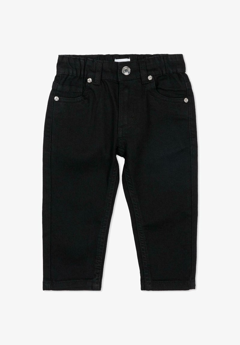 Pantalon en denim noir avec une taille élastique, un design cinq poches et des accessoires en ton argenté. Texture lisse avec des coutures cousues.