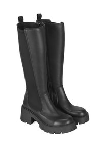 Schwarze, kniehohe Stiefel aus glattem Leder mit dicker Plattformsohle und einem Reißverschluss an der Seite für einfaches Anziehen.