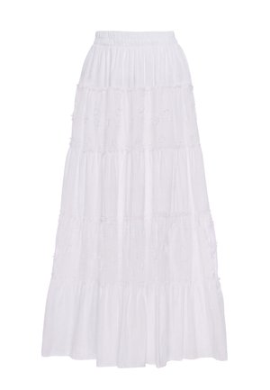 Gonna maxi bianca a balze con vita elasticizzata e sottili dettagli di ricami floreali.