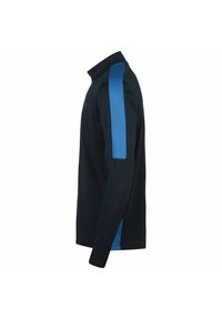 Marineblaues Langarmoberteil mit hohem Kragen und kontrastierenden blauen Seiteneinsätzen. Hergestellt aus einem glatten, dehnbaren Material mit einer körpernahen Passform.