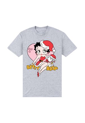 Camiseta gris con un diseño de caricatura de Betty Boop en un vestido rojo y un gorro de Santa, acompañada de un cachorro y corazones, impresa en negro y amarillo.