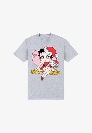 Szary t-shirt z rysunkiem kreskówkowym Betty Boop w czerwonej sukience i czapce Mikołaja, z pieskiem i sercami, nadrukowanym na czarno i żółto.