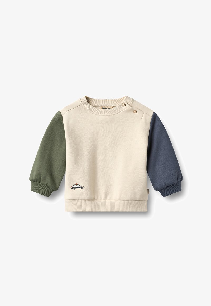 Sweat-shirt pour tout-petit couleur crème avec manche gauche verte, manche droite bleue, deux boutons aux épaules et une petite broderie de voiture sur le devant.