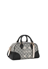 Borsa a tracolla nera e grigia con motivo, dettagli in pelle, doppio manico superiore, hardware dorato e etichetta pendente. Presenta una chiusura con zip e un logo.