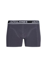 Boxer briefs cinza com uma cinta elástica preta apresentando a marca "JACK & JONES" em branco. Tecido suave, design ajustado e comprimento de perna curto.