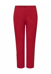 Pantaloni roșii, ajustați, cu o textură netedă, cu bucle pentru curea și închidere cu nasture. Tăietura se termină la lungimea gleznei, având buzunare pe lateral.