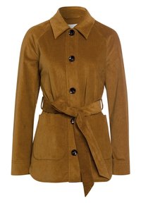 Ruskea corduroy-takki, jossa on kaulus, etupainikkeet, vyötärölle kiinnitettävä vyö ja kaksi sivutaskua. Sileä rakenne ja istuva malli.