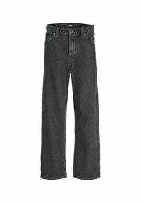 Jeans de mezclilla negra con un diseño de pierna recta, que cuentan con cinco bolsillos, cierre de botón y detalles de costura visibles.