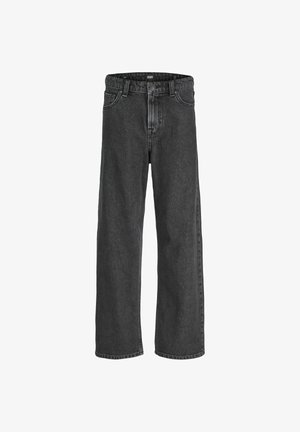 Zwarte spijkerbroek van denim met een rechte pijpdesign, voorzien van vijf zakken, een knoopsluiting en zichtbare stiksels.