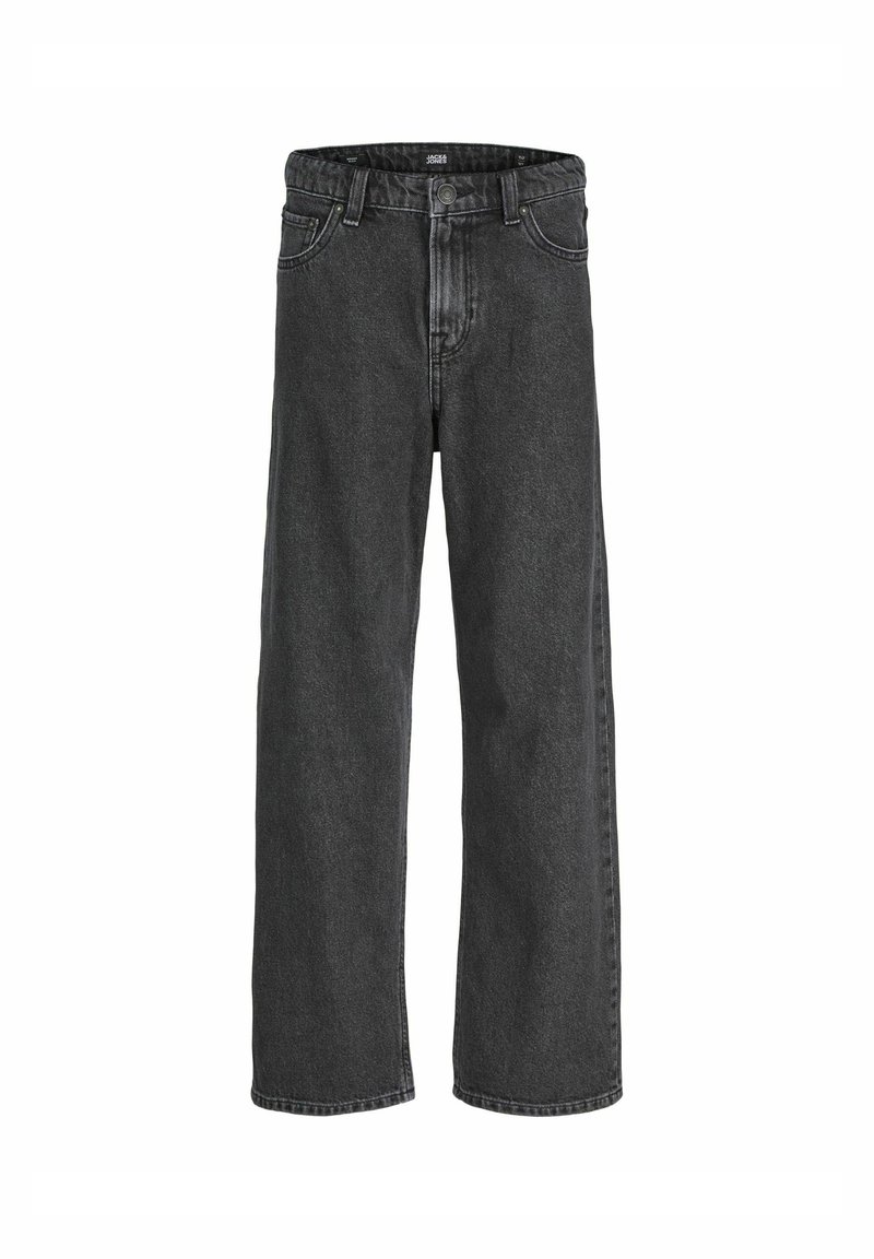 Jeans de mezclilla negra con un diseño de pierna recta, que cuentan con cinco bolsillos, cierre de botón y detalles de costura visibles.