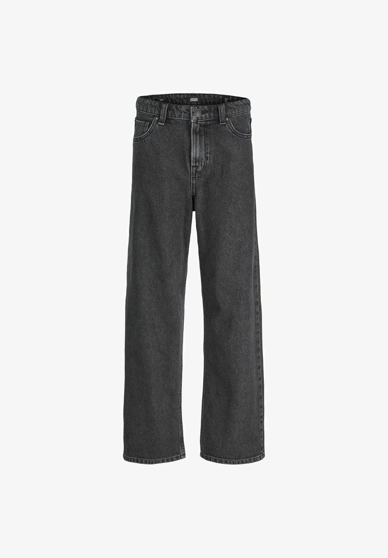 Jeans in denim nero con design a gamba dritta, dotati di cinque tasche, chiusura a bottone e dettagli di cucitura visibili.