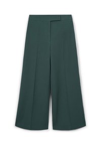 Pantaloni larghi a gamba dritta di colore verde scuro, realizzati in tessuto liscio. Presentano una parte frontale piatta con una vita e due pieghe verticali.