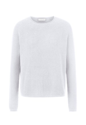 Világosszürke kötött pulóver hosszú ujjakkal, kerek nyakkivágással és bordázott mintázattal. Laza fazonú, finom részletekkel.