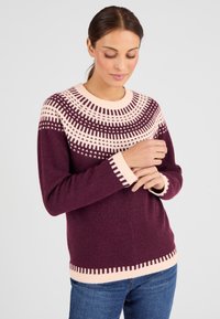 Maglione a maglia in un profondo bordeaux con dettagli crema. Presenta un colletto rotondo, motivi geometrici sul petto e polsini e orlo a coste.