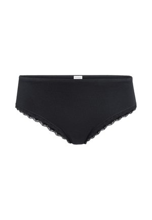 Black cotton women's hipster panties with lace trim along leg openings and a small white brand label at the waistband center.